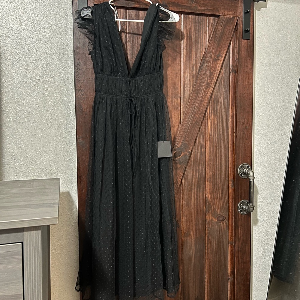 Lulu’s Yours Evermore Black Swiss Dot Ruffled Midi Dress, Size XS
